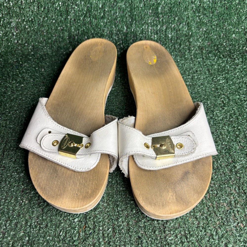 Dr Scholls Original Wood Exercise Buckle Slide Retro Sandals White Womens Size 8